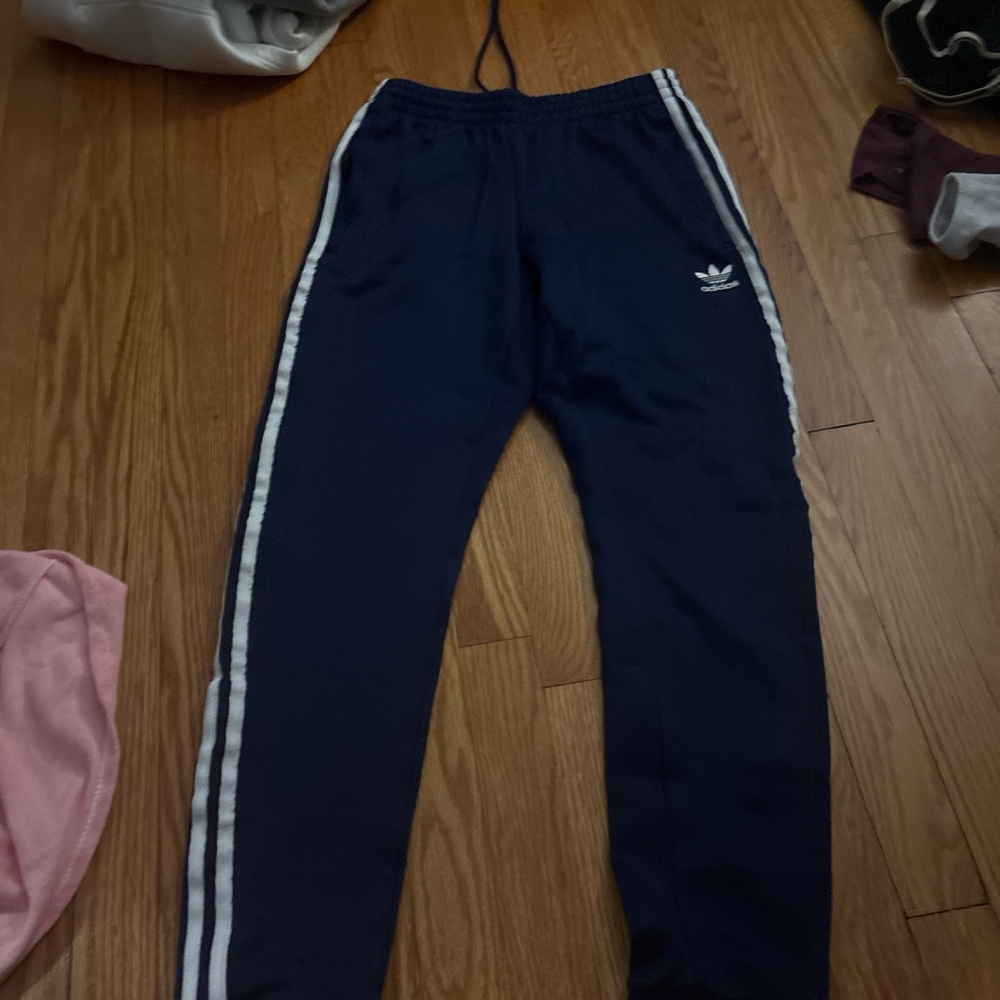 Adidas Women's Navy Joggers with White Stripes